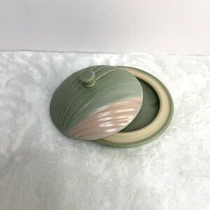 Ceramic Art Pottery Covered Trinket Dish Art Deco Style Dome Top Green Pink